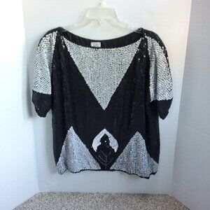 Elegant Sequin Beaded Short Sleeve Top, Pull-On Jewel Neck